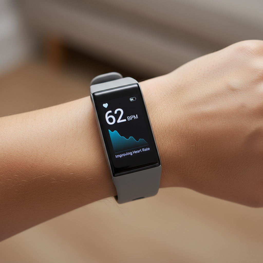 Heart rate monitor showing decrease in resting heart rate from stress to calm state