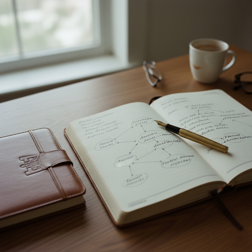 Therapy session notebook with handwritten notes about anxious attachment patterns